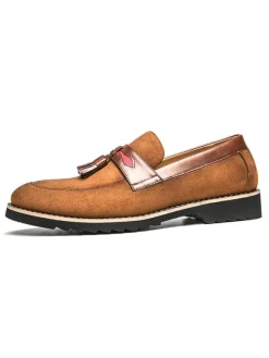 Men Tassel Loafer Shoes Slip On Pom Poms Round Toe Brown Loafers