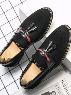 Men Tassel Loafer Shoes Slip On Pom Poms Round Toe Brown Loafers