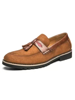 Men Tassel Loafer Shoes Slip On Pom Poms Round Toe Brown Loafers