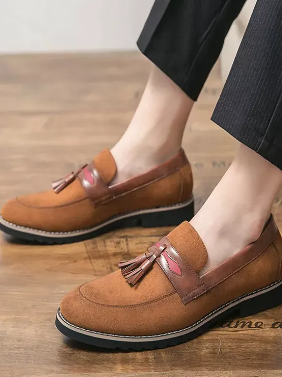 Men Tassel Loafer Shoes Slip On Pom Poms Round Toe Brown Loafers