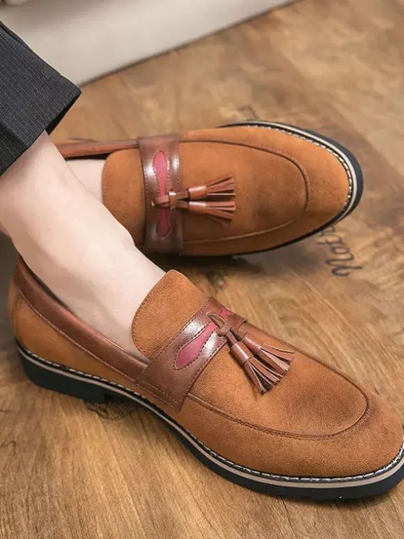 Men Tassel Loafer Shoes Slip On Pom Poms Round Toe Brown Loafers