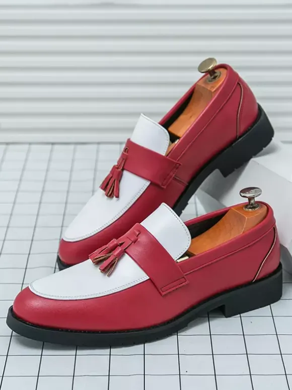MenTassel Loafers Round Toe Color Block Slip-On Penny Shoes With Non-Slip Rubber Sole PU Leather Casual Shoes