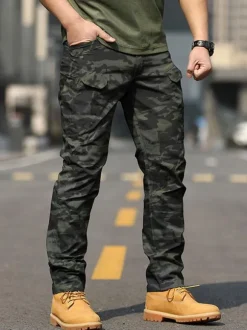 Men Trousers Casual Camouflage Natural Waist Straight Cargo Pant Black Pants