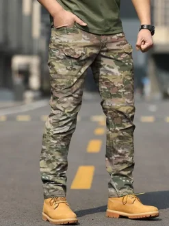 Men Trousers Casual Camouflage Natural Waist Straight Cargo Pant Black Pants