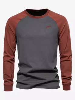 Men T-shirts Jewel Neck Color Block Long Sleeves Top