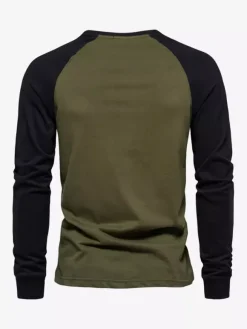 Men T-shirts Jewel Neck Color Block Long Sleeves Top