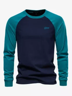 Men T-shirts Jewel Neck Color Block Long Sleeves Top