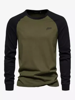 Men T-shirts Jewel Neck Color Block Long Sleeves Top