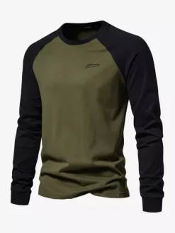 Men T-shirts Jewel Neck Color Block Long Sleeves Top