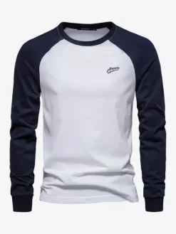 Men T-shirts Jewel Neck Color Block Long Sleeves Top