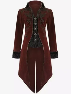 Men Vintage Clothing Stand Collar Aristocrat Style Gothic Tuxedo Blazer Coat Carnival Burgundy