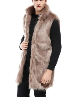 Men Winter Overcoat Brown Sleeveless Fluffy Coat Turndown Collar Faux Fur Coat