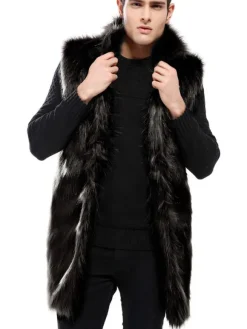 Men Winter Overcoat Brown Sleeveless Fluffy Coat Turndown Collar Faux Fur Coat