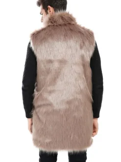 Men Winter Overcoat Brown Sleeveless Fluffy Coat Turndown Collar Faux Fur Coat