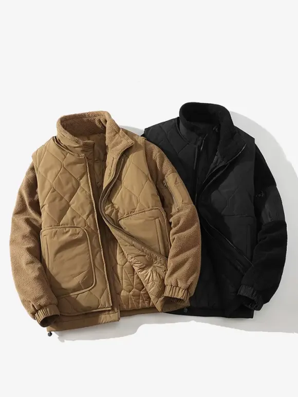 Men Wool Coat Two Pieces Detachable Stand Collar Cotton Coat