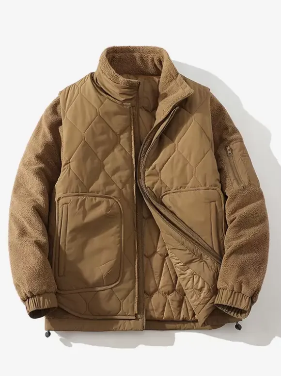 Men Wool Coat Two Pieces Detachable Stand Collar Cotton Coat