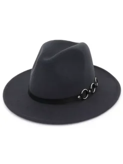 Men Wool Hat Metal Detail Brown Fedora Bowler Hat