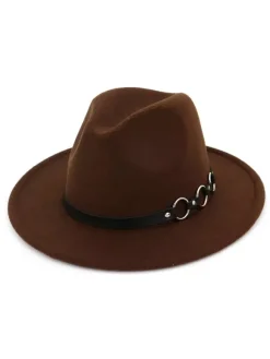 Men Wool Hat Metal Detail Brown Fedora Bowler Hat