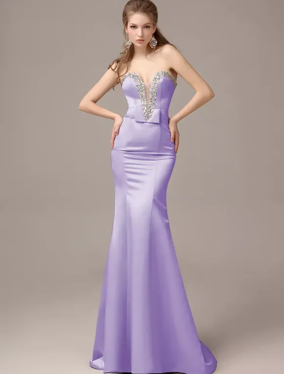 Mermaid Floor-Length Silver Satin Draped Evening Dress with Sweetheart Neck wedding guest dress