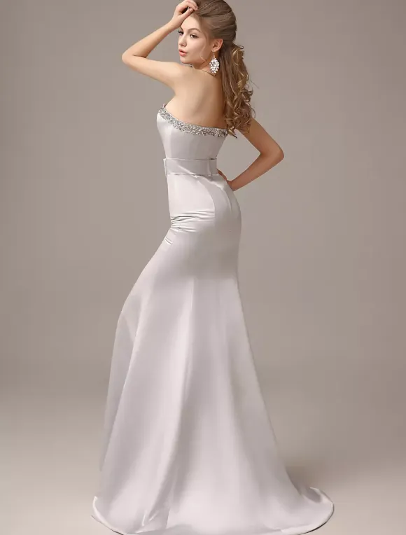Mermaid Floor-Length Silver Satin Draped Evening Dress with Sweetheart Neck wedding guest dress
