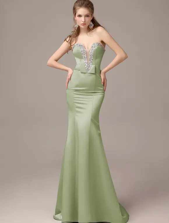 Mermaid Floor-Length Silver Satin Draped Evening Dress with Sweetheart Neck wedding guest dress