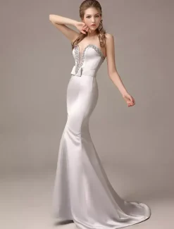Mermaid Floor-Length Silver Satin Draped Evening Dress with Sweetheart Neck wedding guest dress