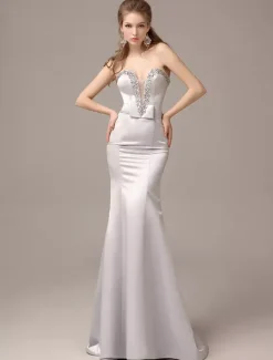 Mermaid Floor-Length Silver Satin Draped Evening Dress with Sweetheart Neck wedding guest dress