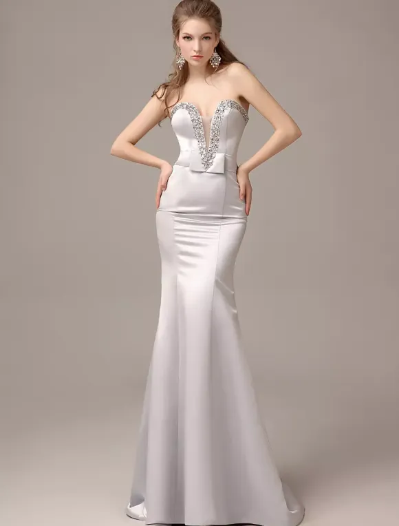 Mermaid Floor-Length Silver Satin Draped Evening Dress with Sweetheart Neck wedding guest dress