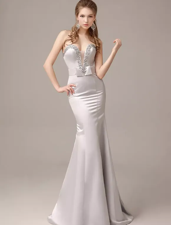 Mermaid Floor-Length Silver Satin Draped Evening Dress with Sweetheart Neck wedding guest dress
