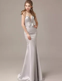 Mermaid Floor-Length Silver Satin Draped Evening Dress with Sweetheart Neck wedding guest dress