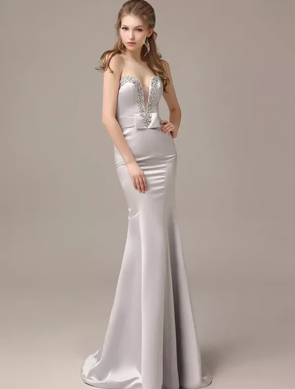 Mermaid Floor-Length Silver Satin Draped Evening Dress with Sweetheart Neck wedding guest dress