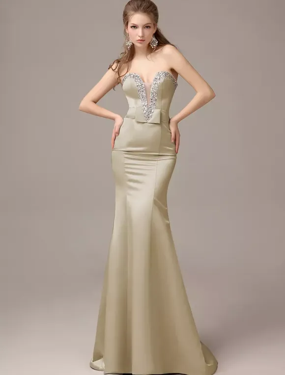 Mermaid Floor-Length Silver Satin Draped Evening Dress with Sweetheart Neck wedding guest dress