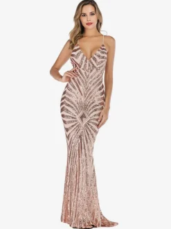 Mermaid Party Dresses Sleeveless Sequined Semi Formal Prom Long Dress