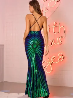 Mermaid Party Dresses Sleeveless Sequined Semi Formal Prom Long Dress
