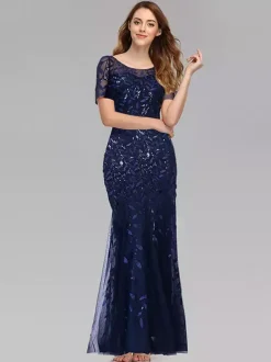 Mermaid Prom Dresses Short Sleeves Birthday Semi Formal Maxi Dress