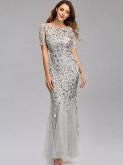 Mermaid Prom Dresses Short Sleeves Birthday Semi Formal Maxi Dress