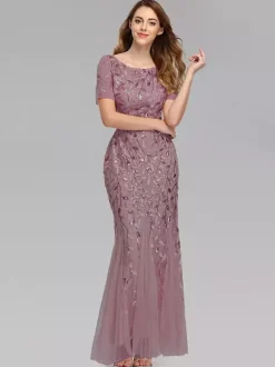 Mermaid Prom Dresses Short Sleeves Birthday Semi Formal Maxi Dress