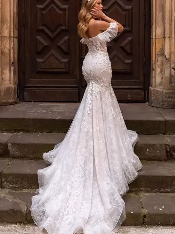 Mermaid Wedding Dress Lace Dress Sweetheart Neck Natural Waist Lace With Train Bridal Gowns