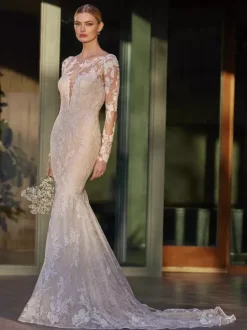 Mermaid Wedding Dress Illusion Neckline Long Sleeves Natural Waist Lace With Train Bridal Gowns