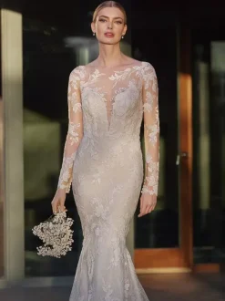 Mermaid Wedding Dress Illusion Neckline Long Sleeves Natural Waist Lace With Train Bridal Gowns