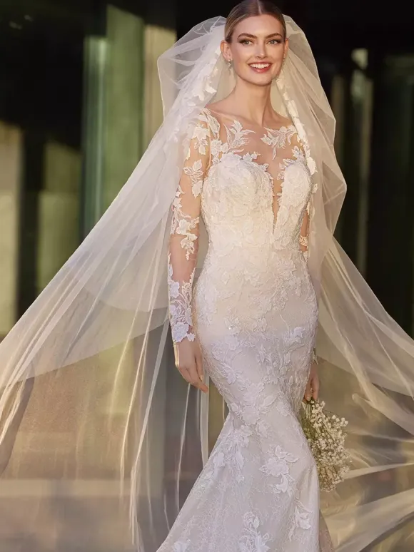 Mermaid Wedding Dress Illusion Neckline Long Sleeves Natural Waist Lace With Train Bridal Gowns