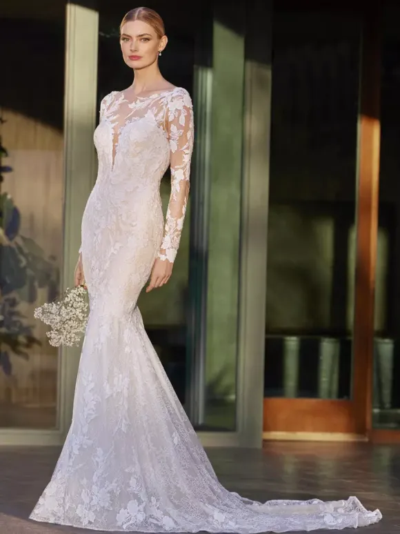 Mermaid Wedding Dress Illusion Neckline Long Sleeves Natural Waist Lace With Train Bridal Gowns