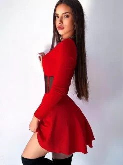 Mesh Corset Mini Dress For Women - Long Sleeve Ribbed Skater Dress - Spring Night Out Club Party 2026