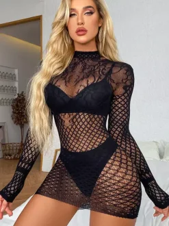 Mesh Fishnet Chemises Women Dress Black Babydoll Bodysuit See Through Lingerie