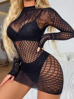 Mesh Fishnet Chemises Women Dress Black Babydoll Bodysuit See Through Lingerie