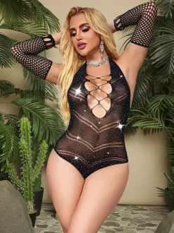 Mesh Lingerie Teddies Rhinestones Cut-Out Sheer Red Women Glitter Fishnet Bodysuit With Gloves
