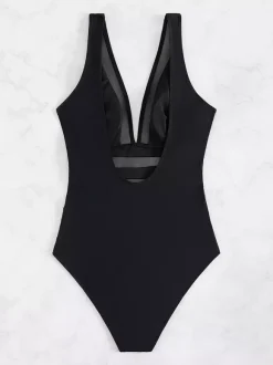Mesh Paneling And Sheer Stripes One-Piece Swimsuit With Open Back 2026