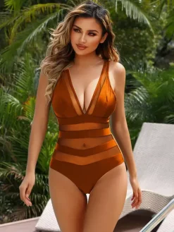 Mesh Paneling And Sheer Stripes One-Piece Swimsuit With Open Back 2026