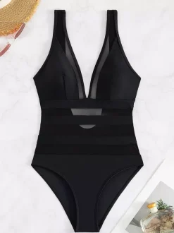 Mesh Paneling And Sheer Stripes One-Piece Swimsuit With Open Back 2026