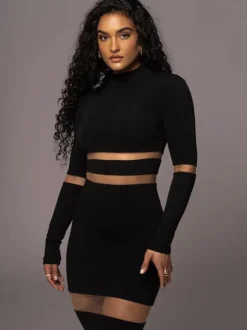 Mesh Patchwork Dress Long Sleeves See Through Party Bodycon Dresses